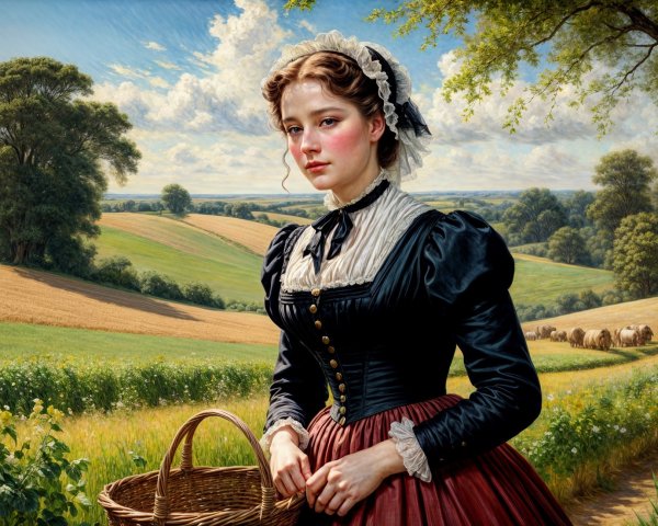 Young Woman in Vintage Dress in Serene Countryside