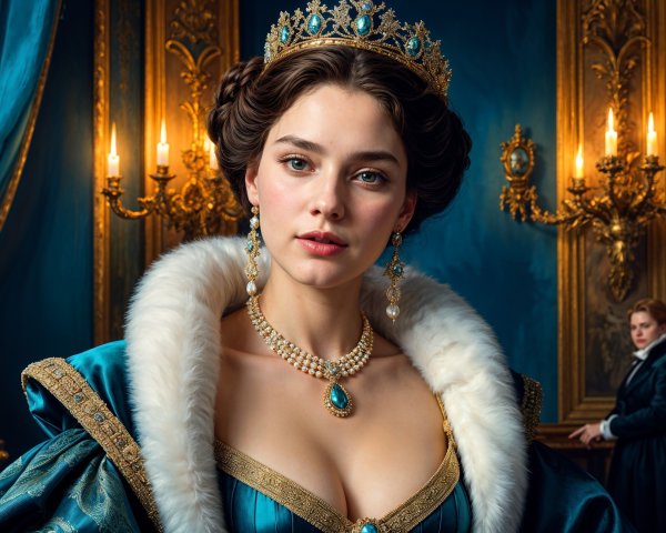 Regal Woman in Blue Gown with Fur Collar and Jewelry