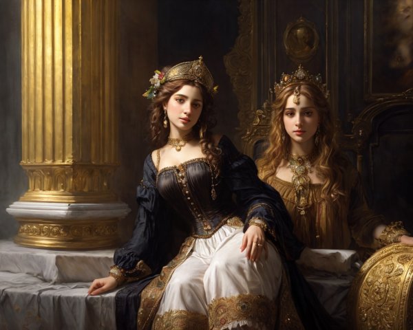 Women in Historical Dresses Beside Golden Columns