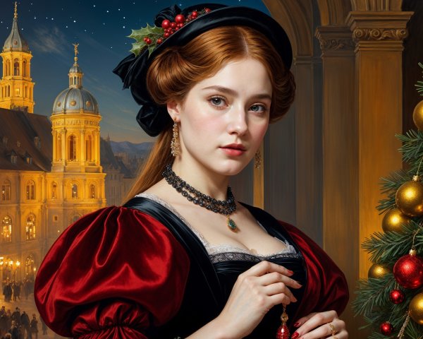 Young Woman in Red Dress Amid Holiday Decorations