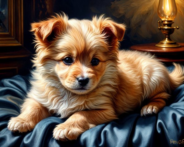 Fluffy Golden Puppy on Dark Blue Fabric in Vintage Setting