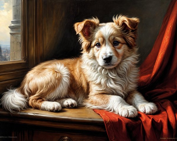 Fluffy Golden and White Dog on Wooden Table