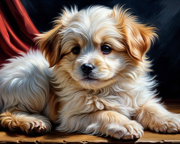 Fluffy Light-Colored Puppy on Wooden Surface