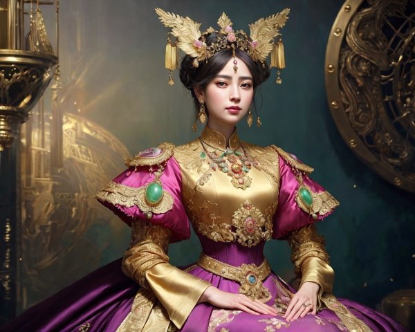 Regal woman in purple and gold historical costume with golden headpiece in front of ornate mechanical gears