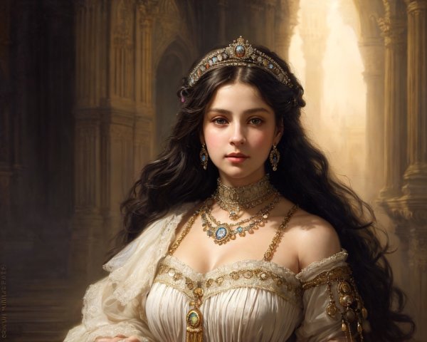 Elegant woman portrait in pearl white dress with gold accents