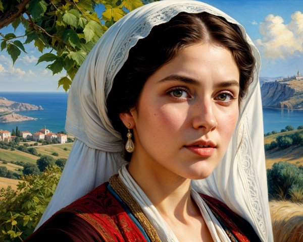 Young Woman in Traditional Dress Against Scenic Landscape