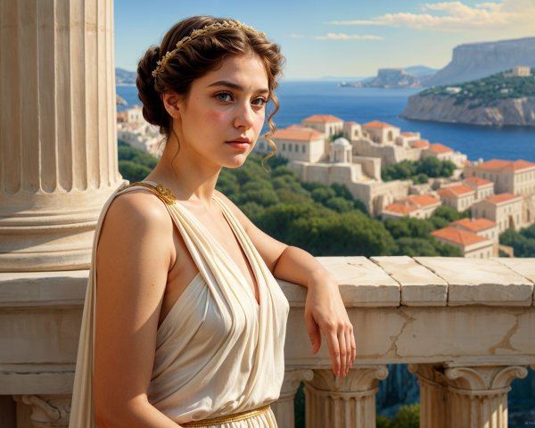 Young woman in white gown by classical architecture