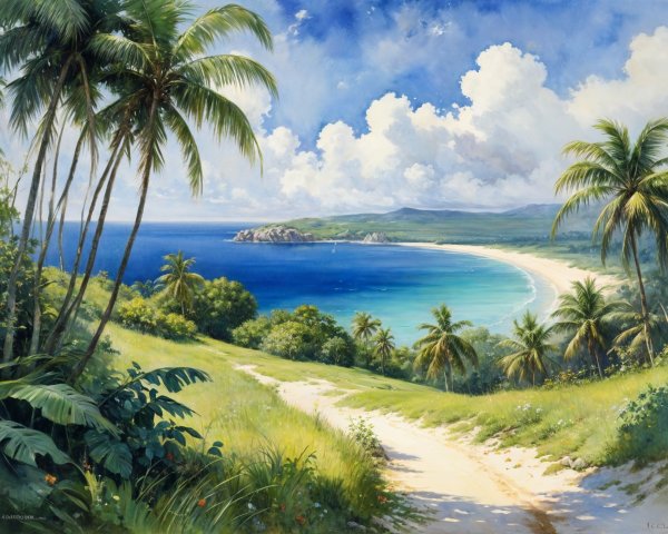 Tropical Landscape with Lush Hills and Sandy Beach
