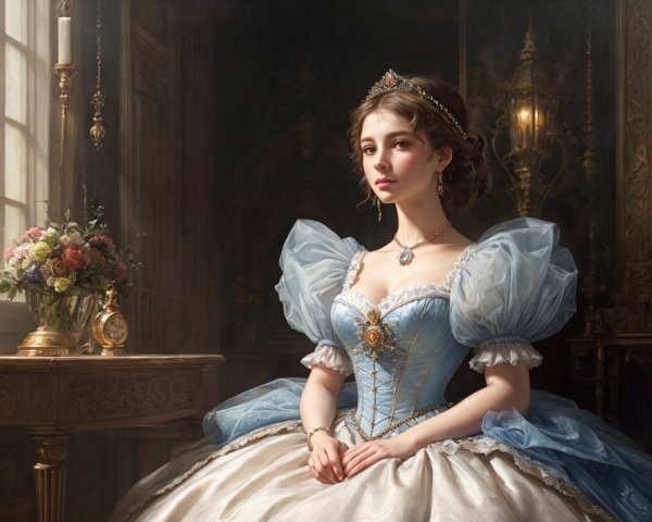 Victorian-style woman in elegant ball gown with bouquet in opulent interior