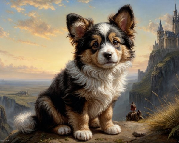 Fluffy Dog on Rocky Ledge with Castle Landscape