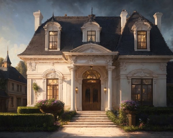 Elegant Two-Story House with Steep Roof and Sunset Glow