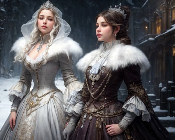 Two Women in Medieval Dresses with Fur Trim in Snowy Setting