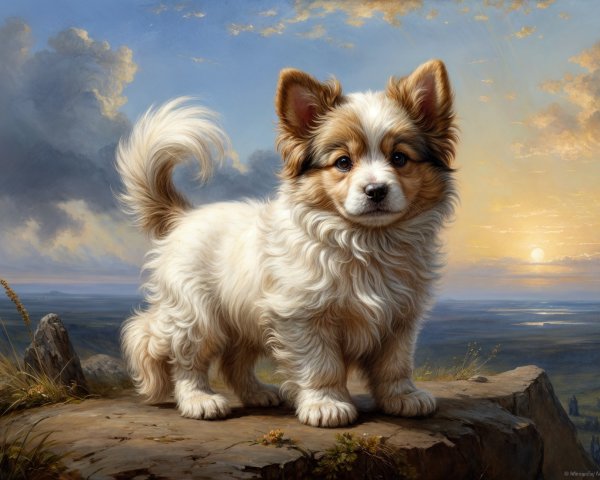 Fluffy Dog on Rocky Outcrop at Sunset with Scenic View