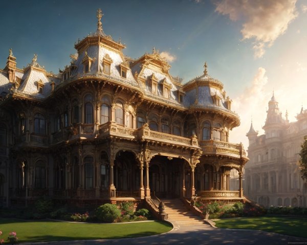 Grand mansion with intricate golden details and gardens