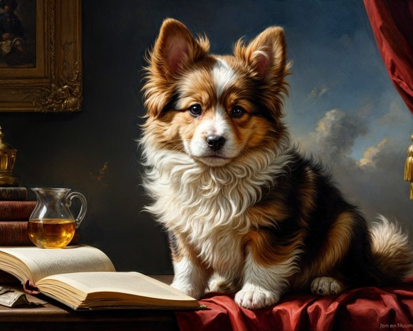 Regal Corgi on Table with Book and Amber Jug