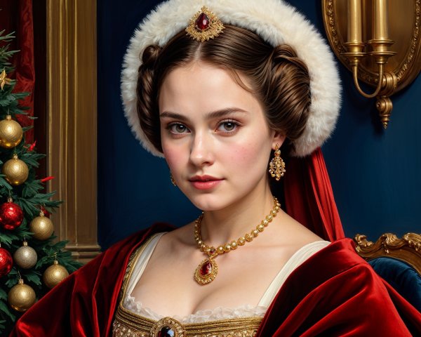 Elegant Woman in Red Gown with Festive Background