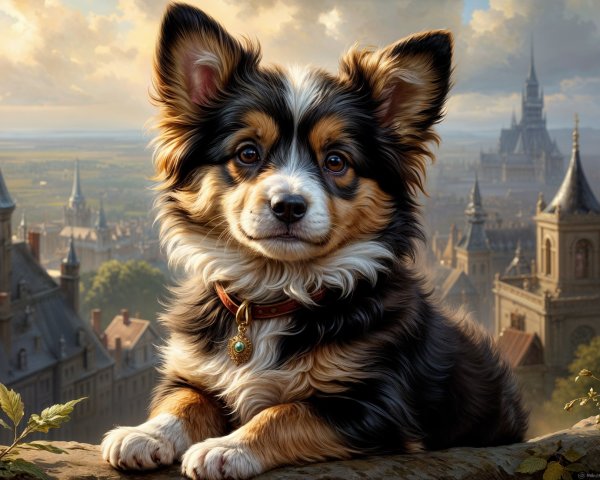 Charming Dog in Scenic Landscape with Castle Background