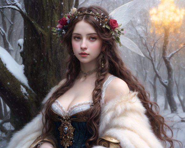 Female figure in floral crown in snowy forest scene