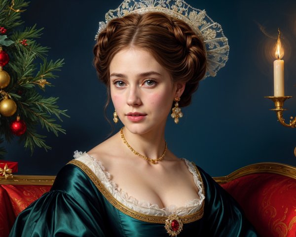 Elegant Young Woman in Dark Green Gown at Christmas