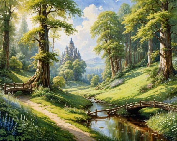 Serene Landscape with Castle and Flowing Stream