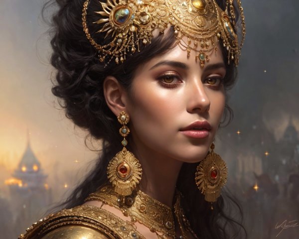 Portrait of a woman in gold jewelry with a magical background