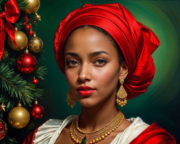 Woman in Red Headwrap with Christmas Tree Background