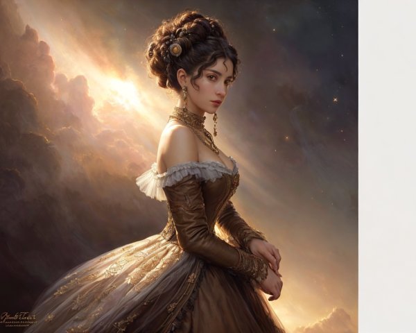 Victorian Woman in Elegant Gown with Dramatic Sky
