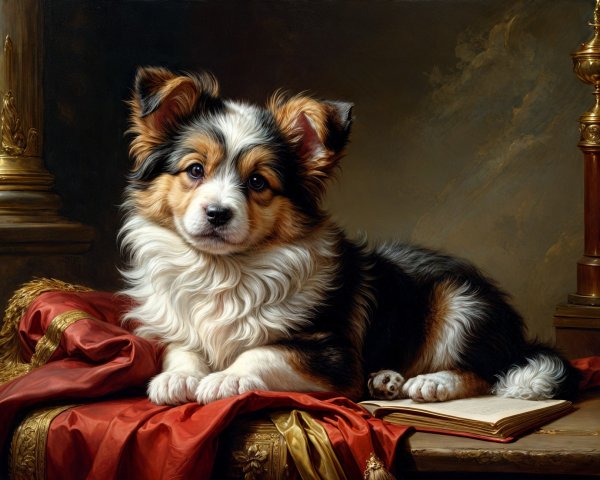 Portrait of a Tri-Colored Dog on Red Velvet Drape