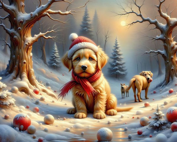 Golden Retriever Puppy in Snow with Holiday Decor