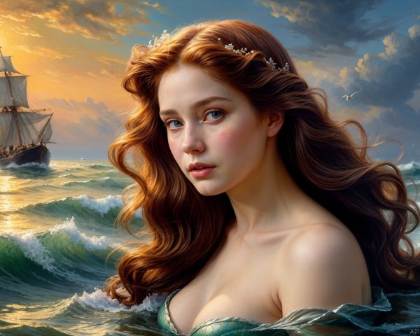 Young woman in waves with ship at sunset backdrop