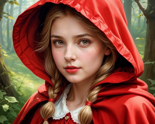 Young girl in red cloak amidst forest greenery