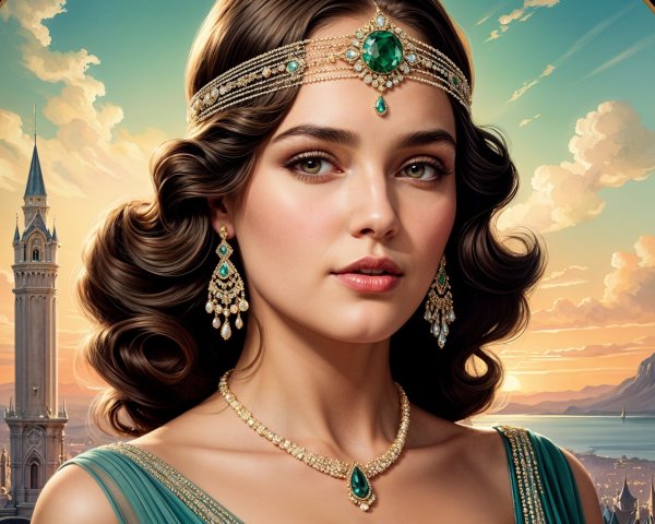 Young woman in elegant gown with emerald jewelry