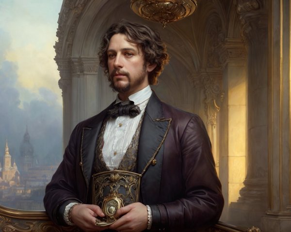 Elegant Man in Formal Attire Against Grand Architecture
