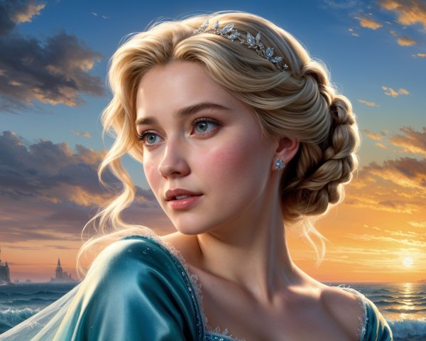 Young Woman with Tiara Against Sunset and Castles