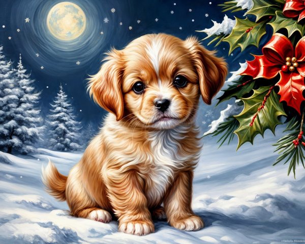 Fluffy Puppy in Snowy Winter Landscape with Holly