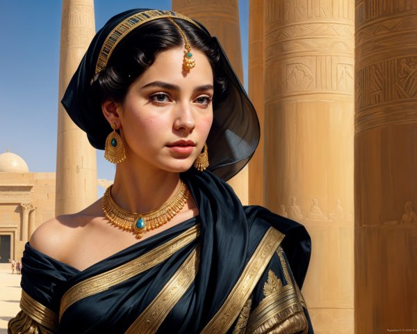 Young Woman in Traditional Attire by Ancient Columns