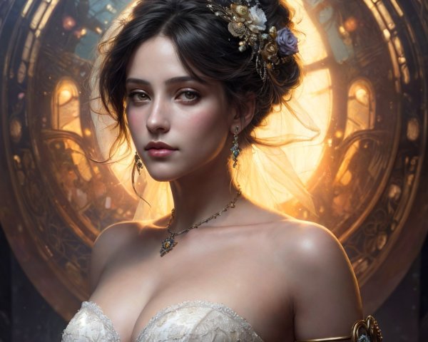Portrait of a Young Woman in Elegant Gown and Jewelry