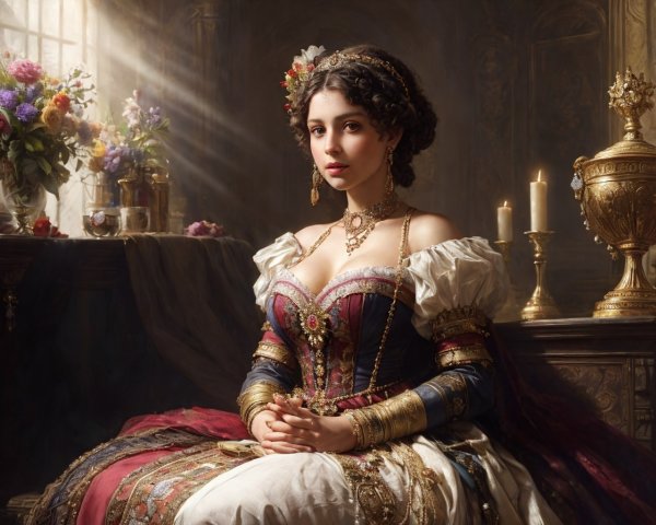 Elegant woman in period dress with jewelry in richly decorated room