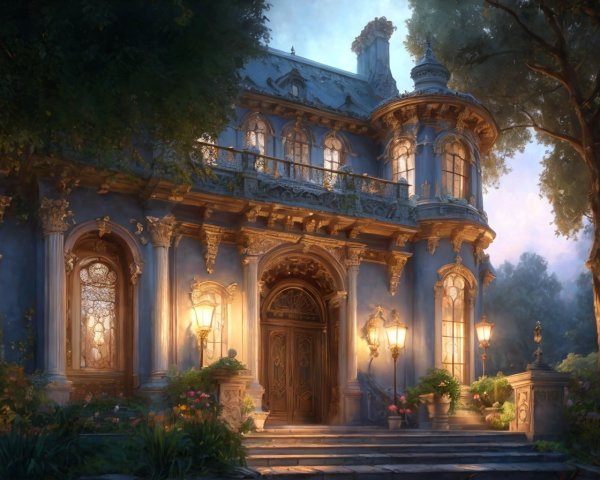Elaborate mansion with light blue facade and twilight glow