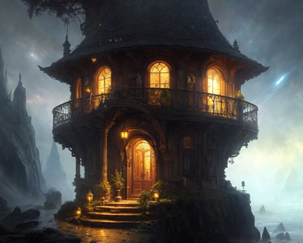 Enchanting House with Glowing Windows in Misty Landscape