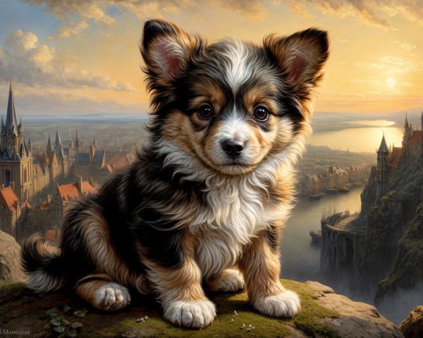 Fluffy Puppy Overlooking Scenic Fairy Tale Landscape