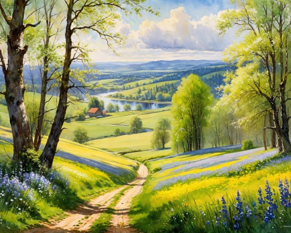 Lush Green Fields and Serene River Landscape Description
