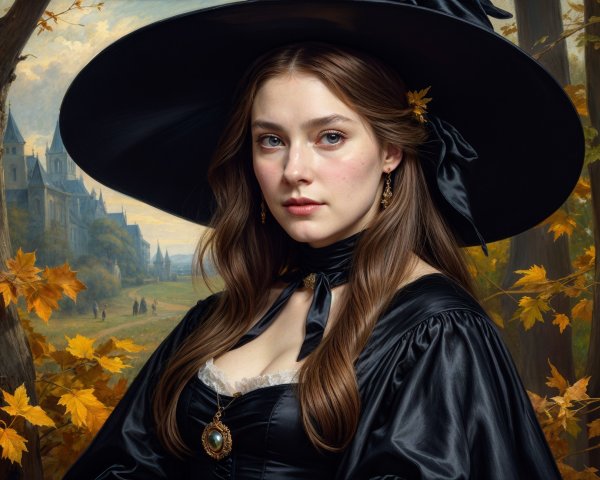 Elegant Witch Hat and Gown in Autumn Landscape