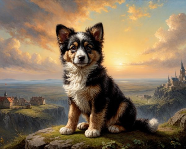Tri-colored puppy on rocky outcrop at sunset