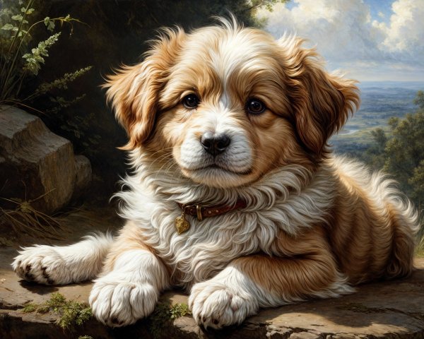 Fluffy Light Brown and White Puppy on Stone Surface