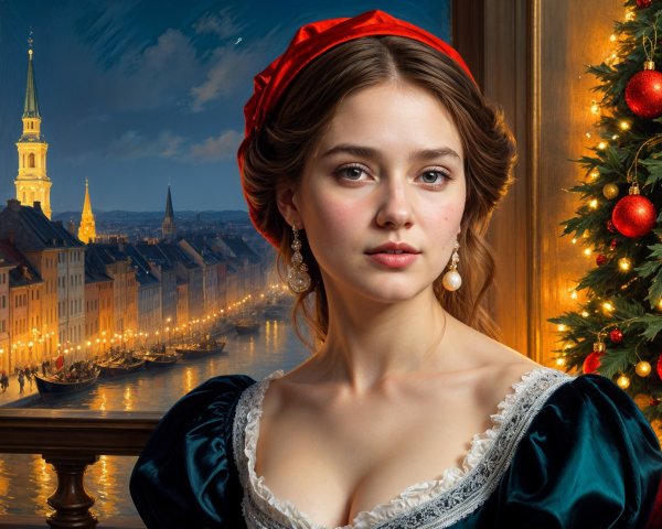 Elegant Dress with Cityscape and Christmas Tree