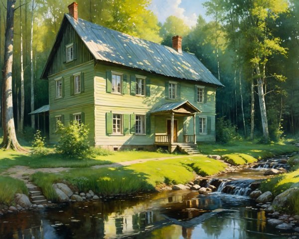 Green Wooden House by Stream in Serene Countryside
