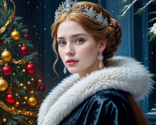 Young woman in festive setting with Christmas tree