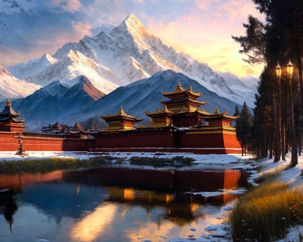 Traditional-style buildings by serene lake, snow-capped mountains, golden sunrise.