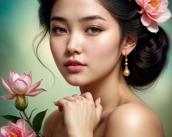 Serene Beauty Portrait of a Young Woman with Flowers